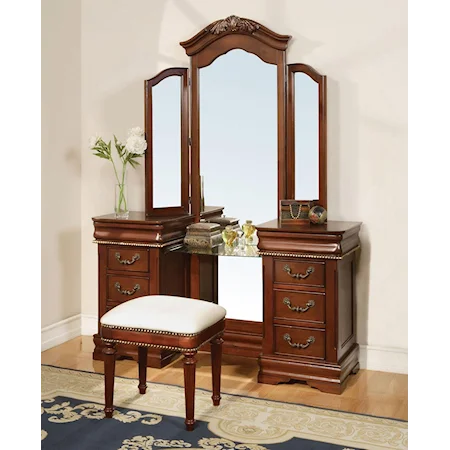 Traditional Vanity with Trifold Mirror and Bench Set